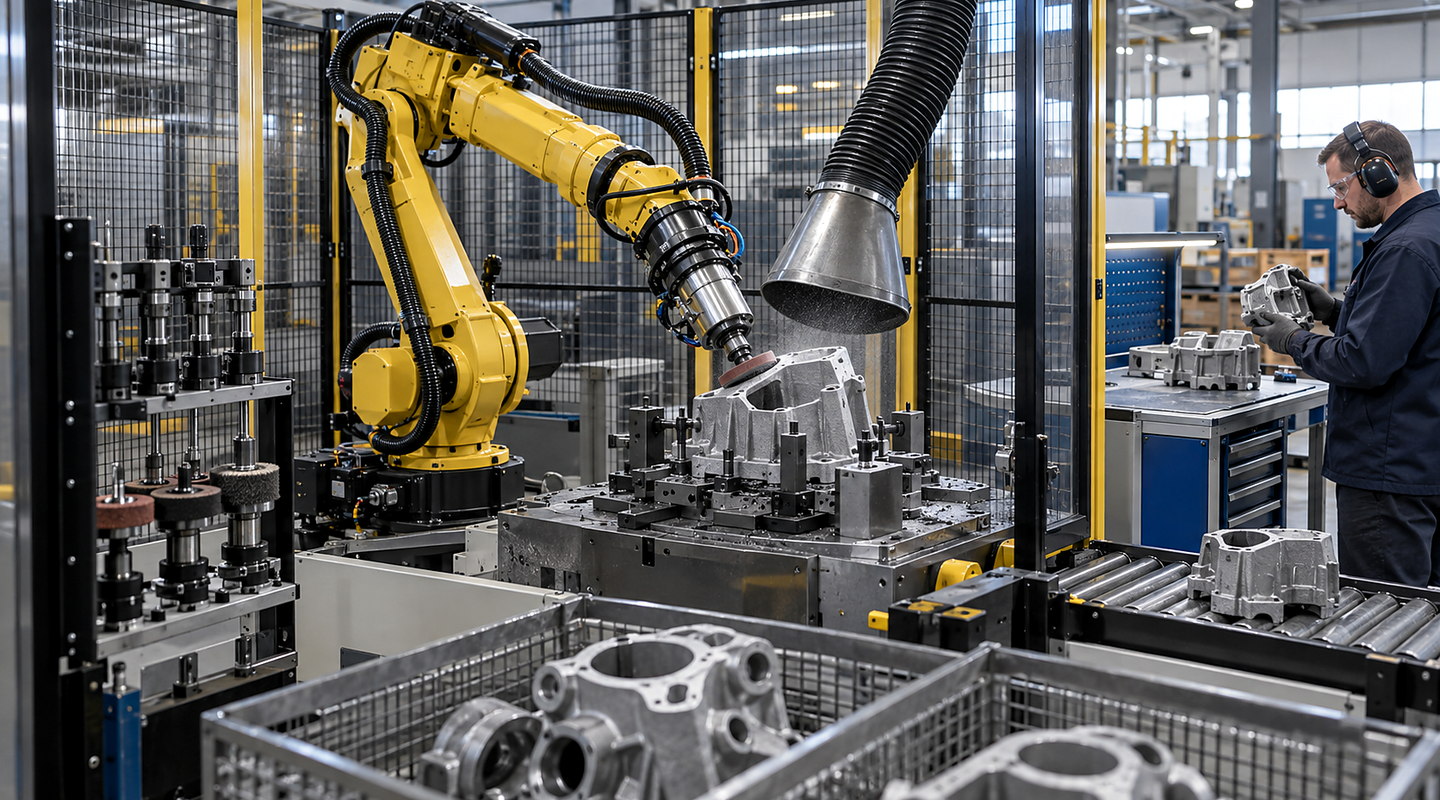 A guarded robot deburring a metal casting with compliant spindle, extraction hood and finished-part inspection bench visible.