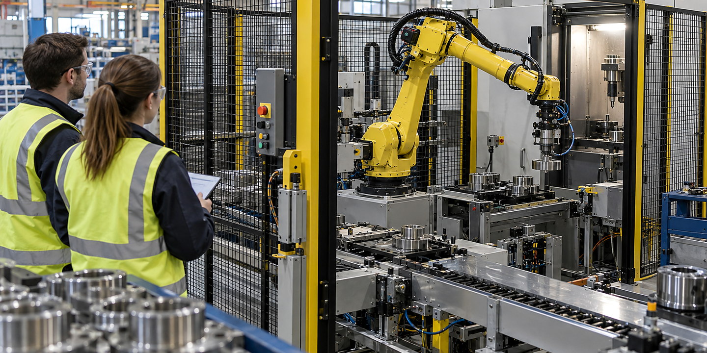 A guarded robot deburring a metal casting with compliant spindle, extraction hood and finished-part inspection bench visible.