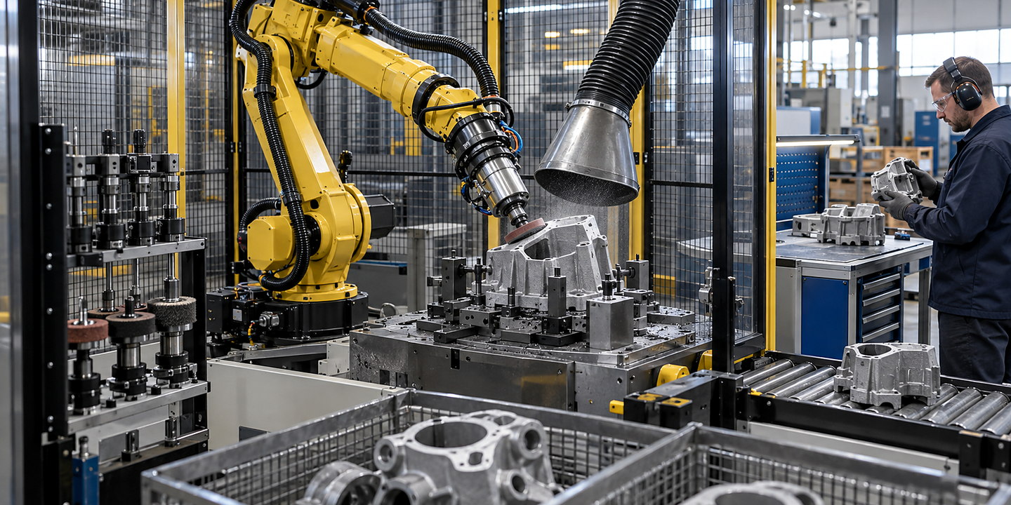 A guarded robot deburring a metal casting with compliant spindle, extraction hood and finished-part inspection bench visible.